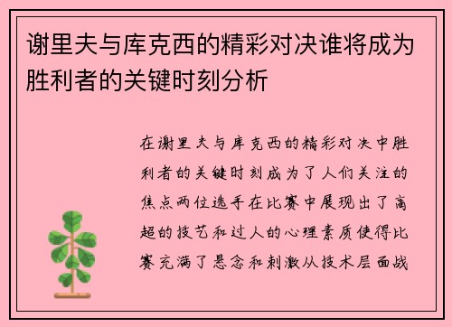 谢里夫与库克西的精彩对决谁将成为胜利者的关键时刻分析